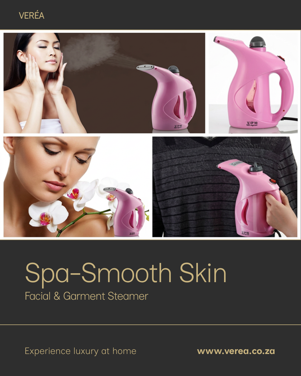 Veréa Pro facial and garment steamer in charcoal and gold